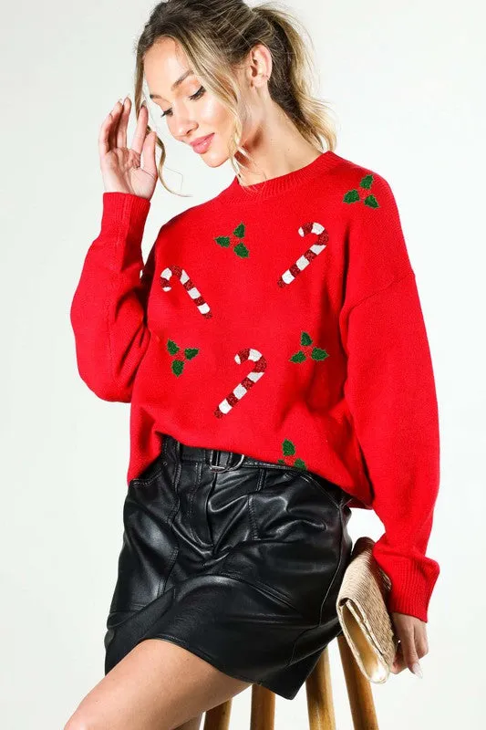 Red Christmas Sequin Detail Sweater Top