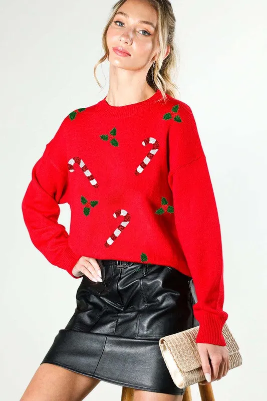 Red Christmas Sequin Detail Sweater Top