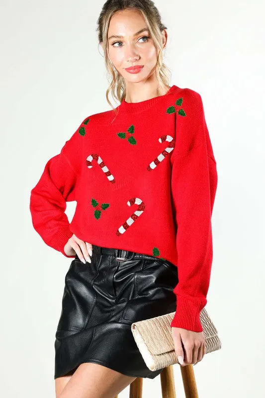 Red Christmas Sequin Detail Sweater Top