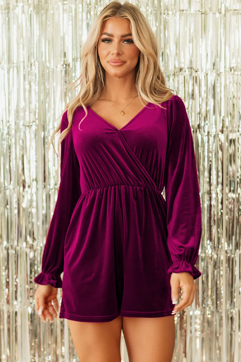 Red Dahlia Velvet Surplice Neck Ruffled Sleeve High Waist Romper