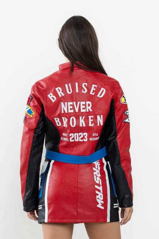 Red Leather Racing Cropped Jacket