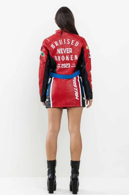 Red Leather Racing Cropped Jacket