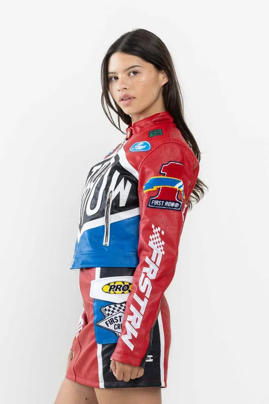 Red Leather Racing Cropped Jacket