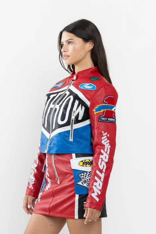 Red Leather Racing Cropped Jacket