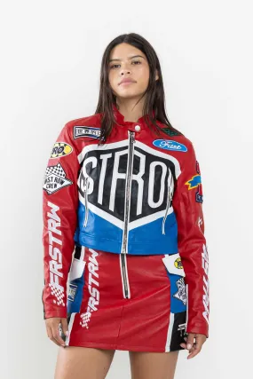 Red Leather Racing Cropped Jacket