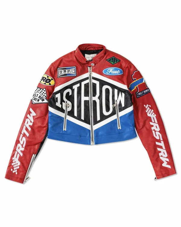 Red Leather Racing Cropped Jacket