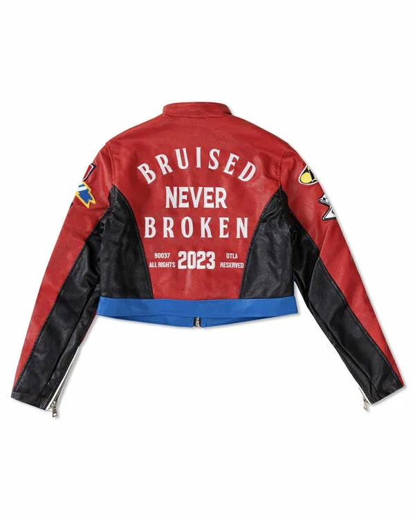 Red Leather Racing Cropped Jacket