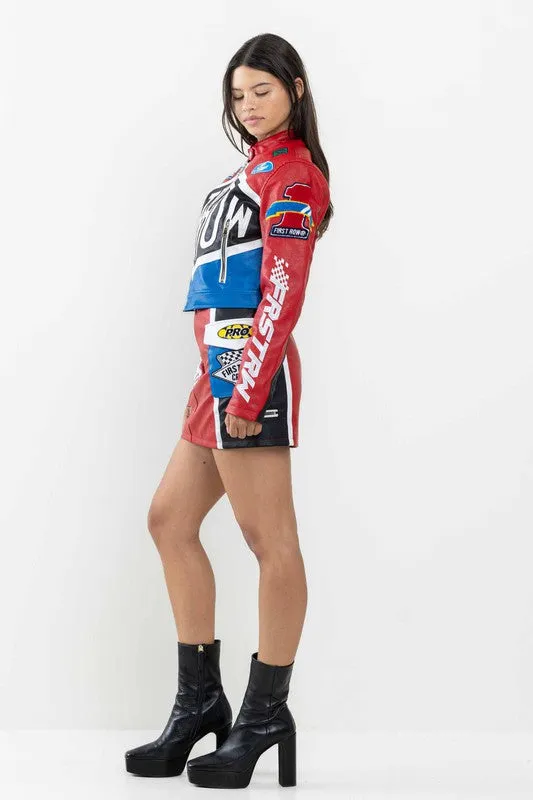 Red Leather Racing Cropped Jacket