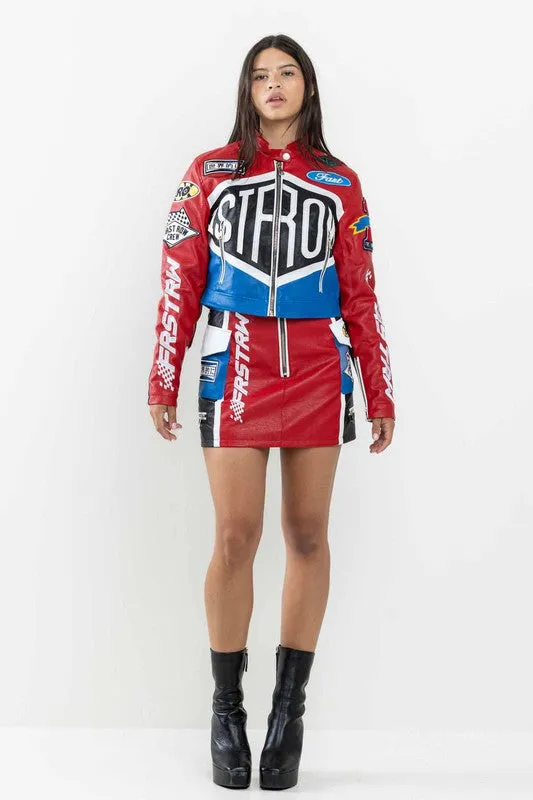 Red Leather Racing Cropped Jacket