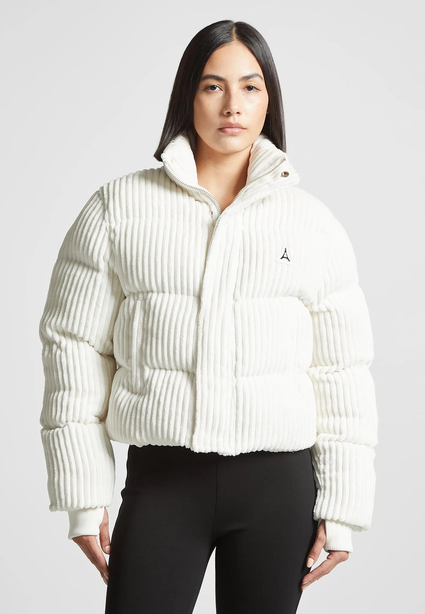 Ribbed Velour Puffer Jacket - Cream