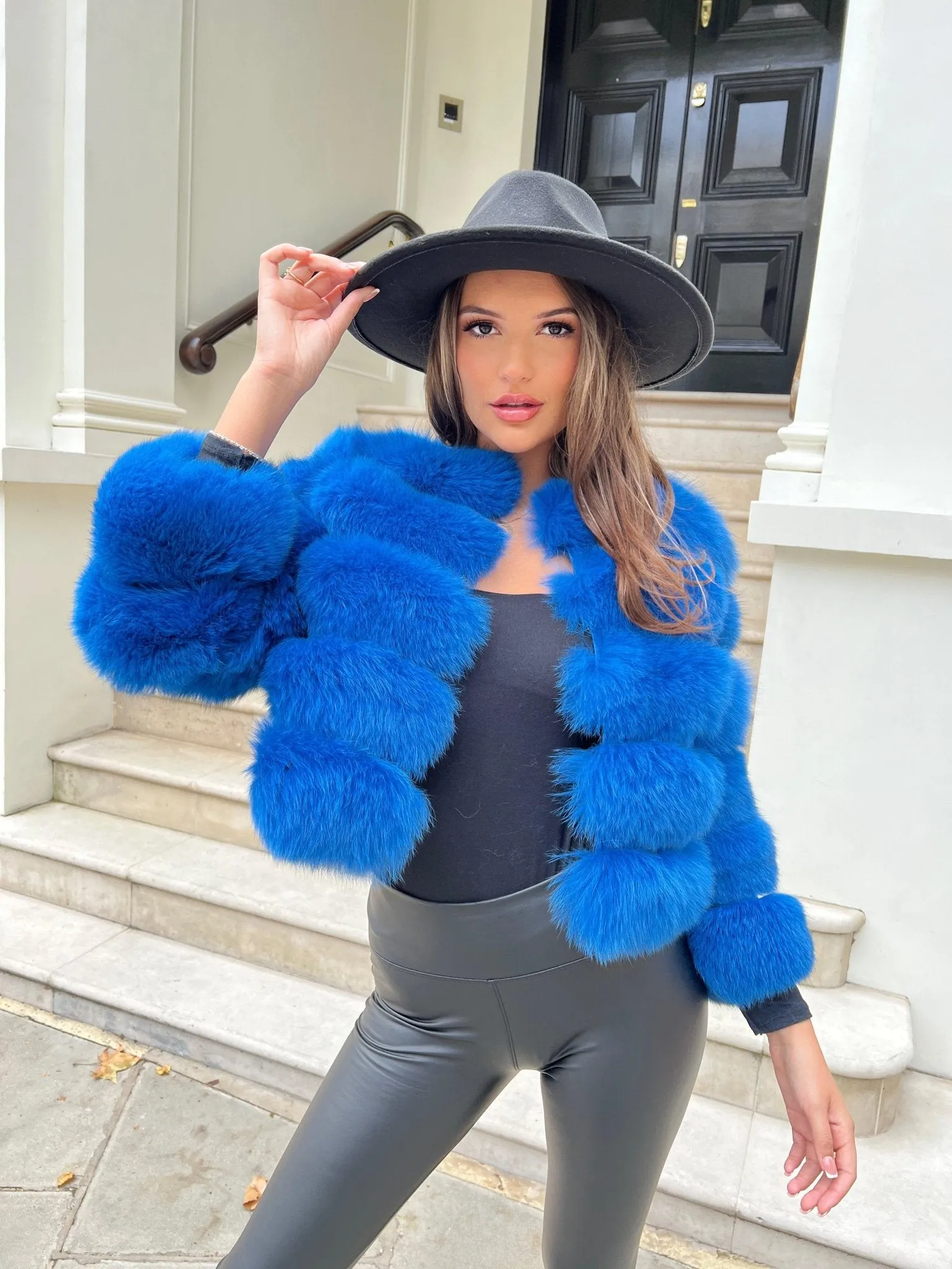 Royal Blue Luxury Fur 5 Row Cropped Sleeve Jacket