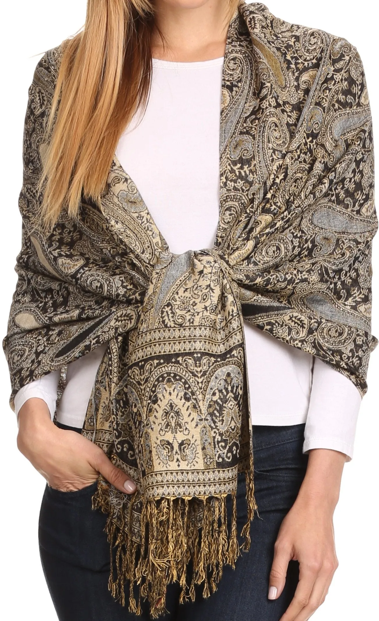 Sakkas Kalin Long Wide Woven Patterned Fringe Tassel Pashmina Shawl / Scarf