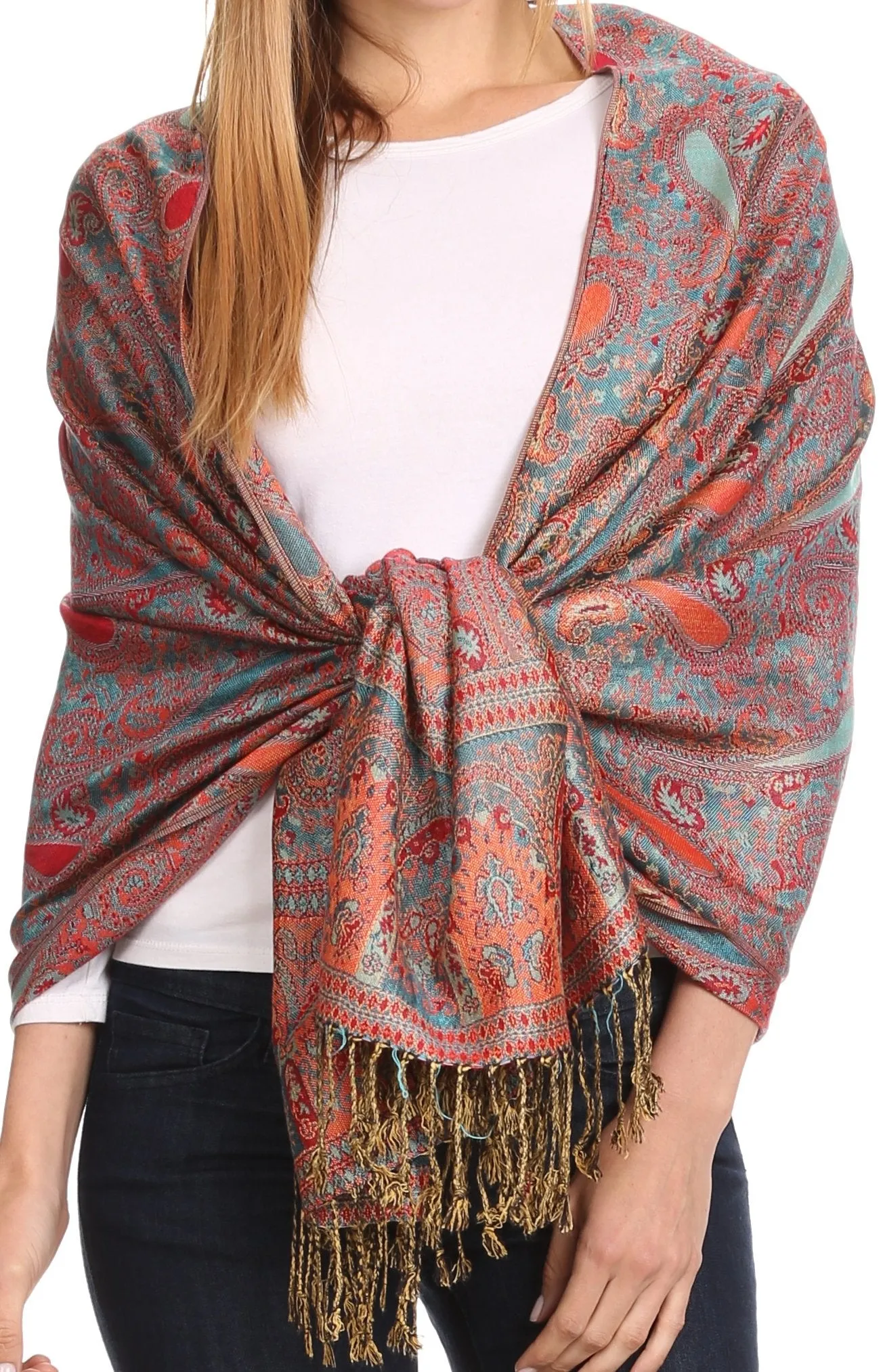 Sakkas Kalin Long Wide Woven Patterned Fringe Tassel Pashmina Shawl / Scarf