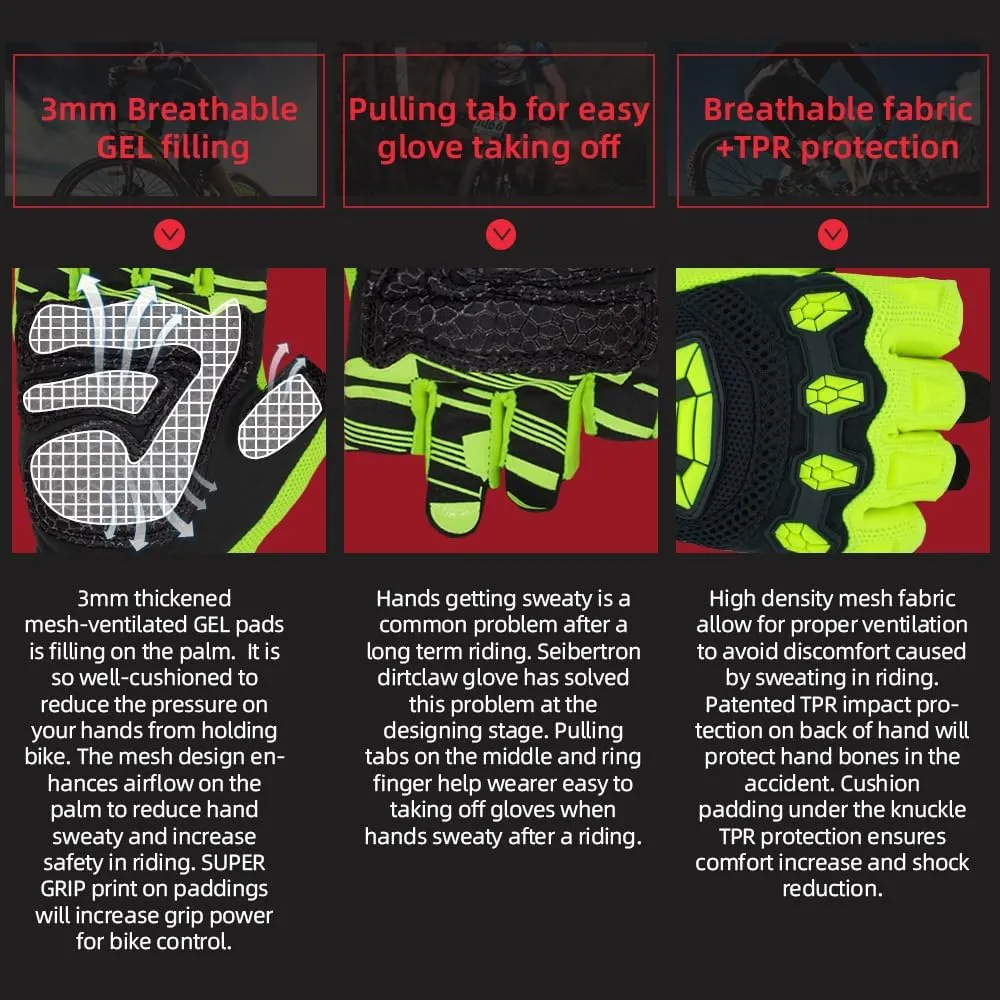 Seibertron Dirtclaw Anti-Slip Fingerless Gloves: Perfect for Off-Road, BMX, and Motocross Adventures