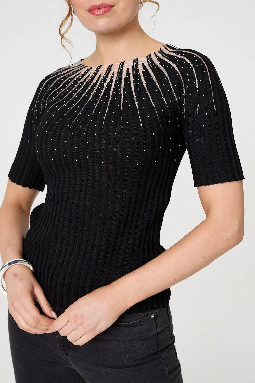 Sequin Embellished Short Sleeve Knit Top