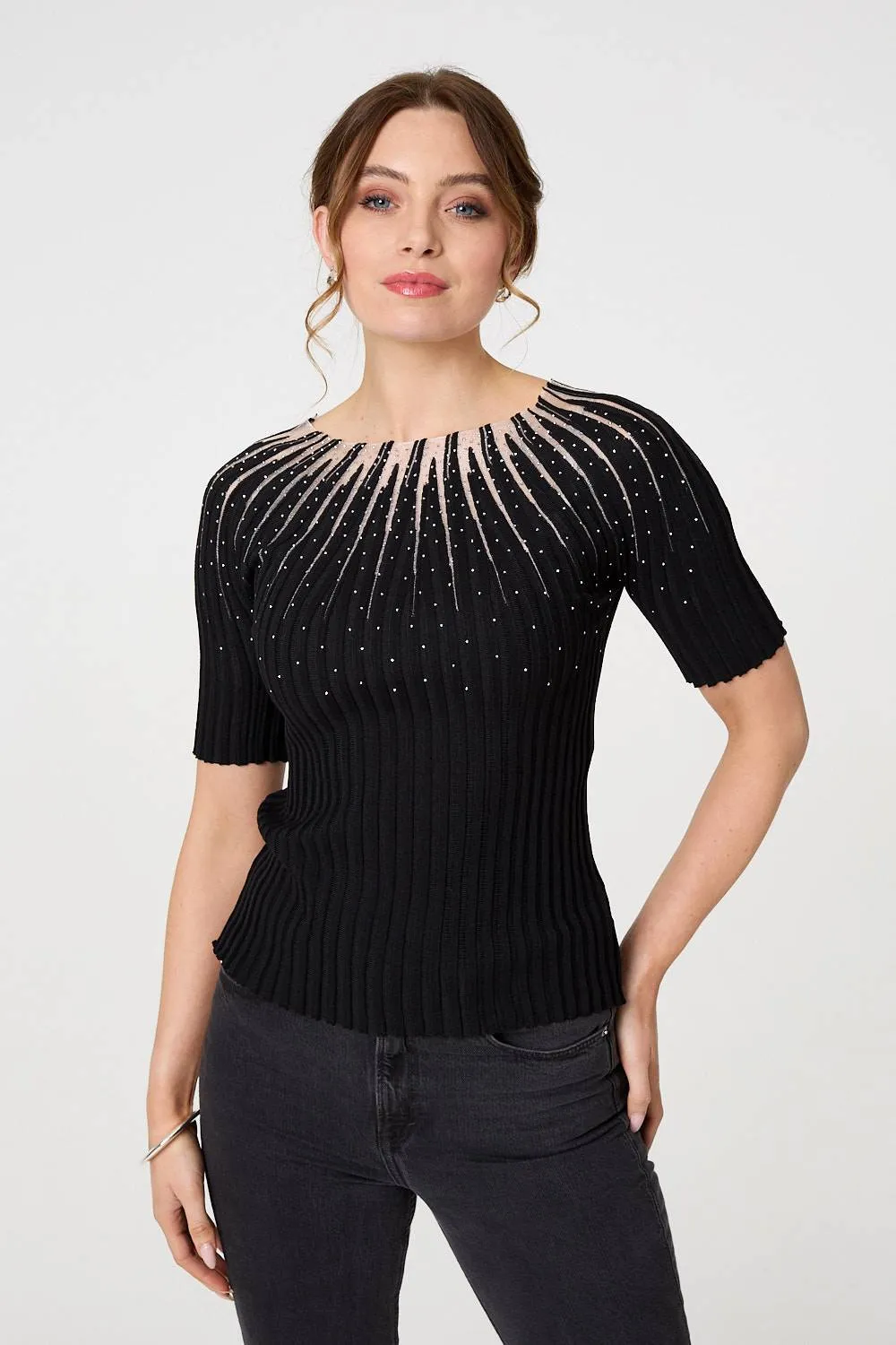 Sequin Embellished Short Sleeve Knit Top