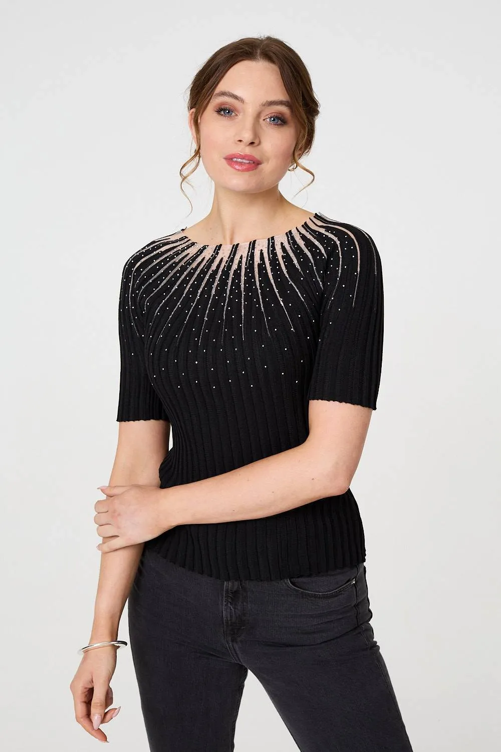 Sequin Embellished Short Sleeve Knit Top