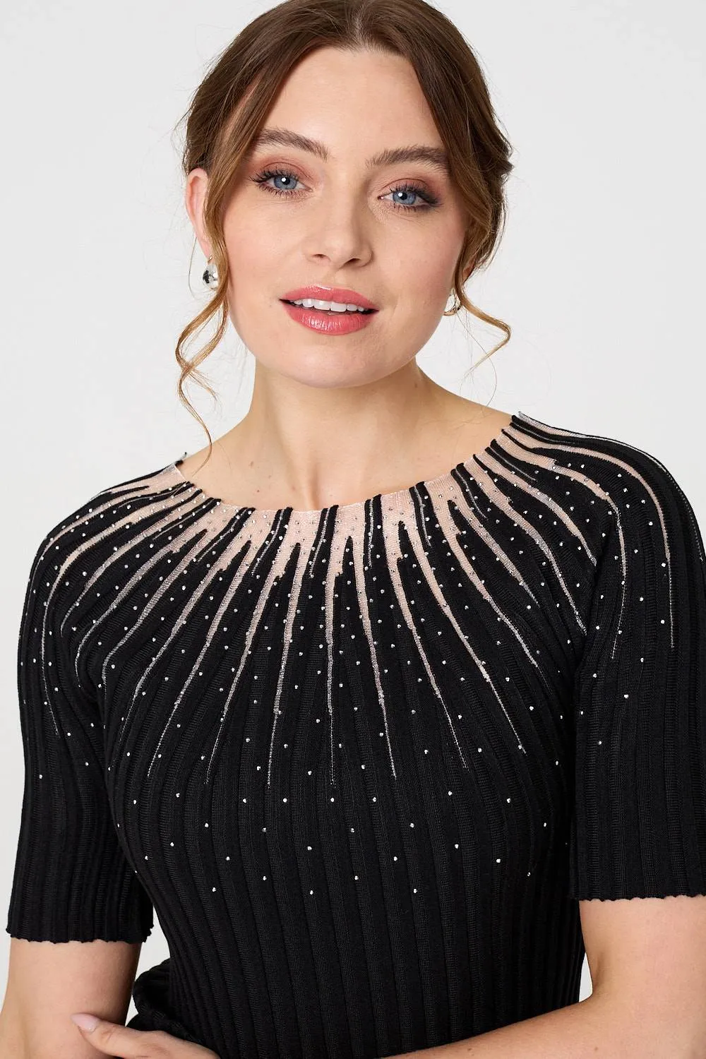 Sequin Embellished Short Sleeve Knit Top