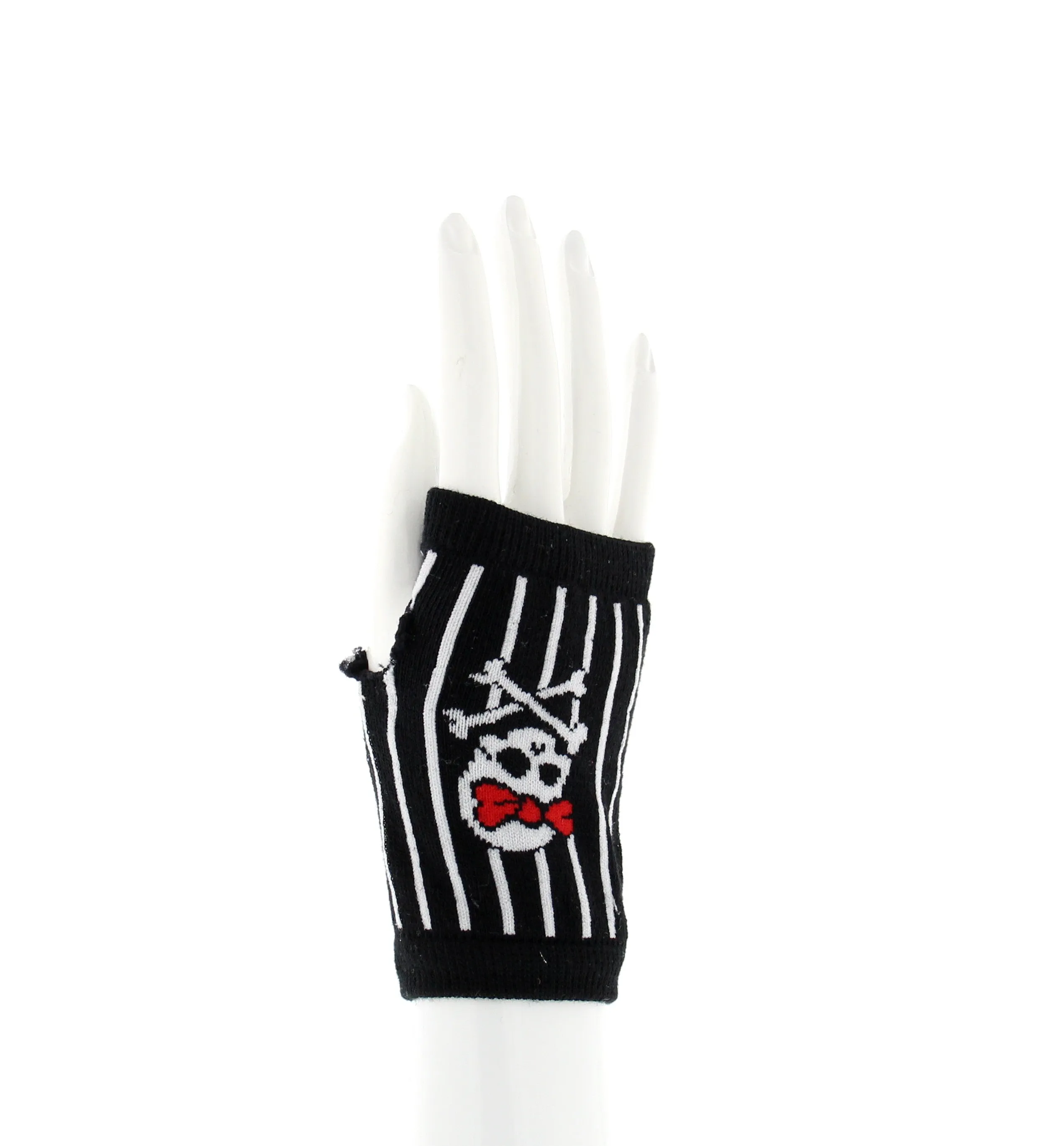 Short Fingerless Striped Gloves with Skull &amp; Crossbones with Red Bow