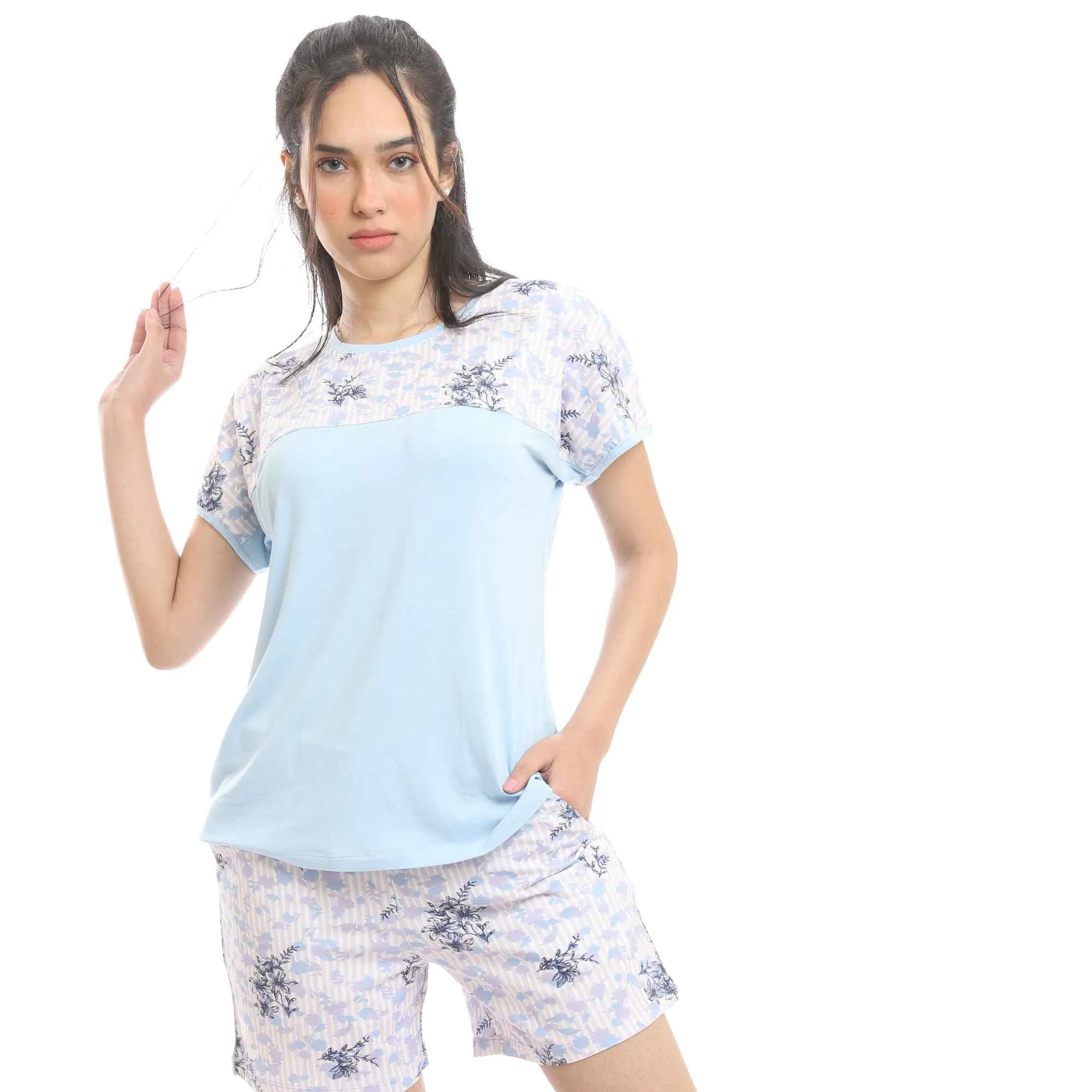 Short Sleeves Tee & Patterned Shorts Pajama Set - Baby Blue & Rose