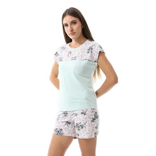 Short Sleeves Tee & Patterned Shorts Pajama Set - Mint