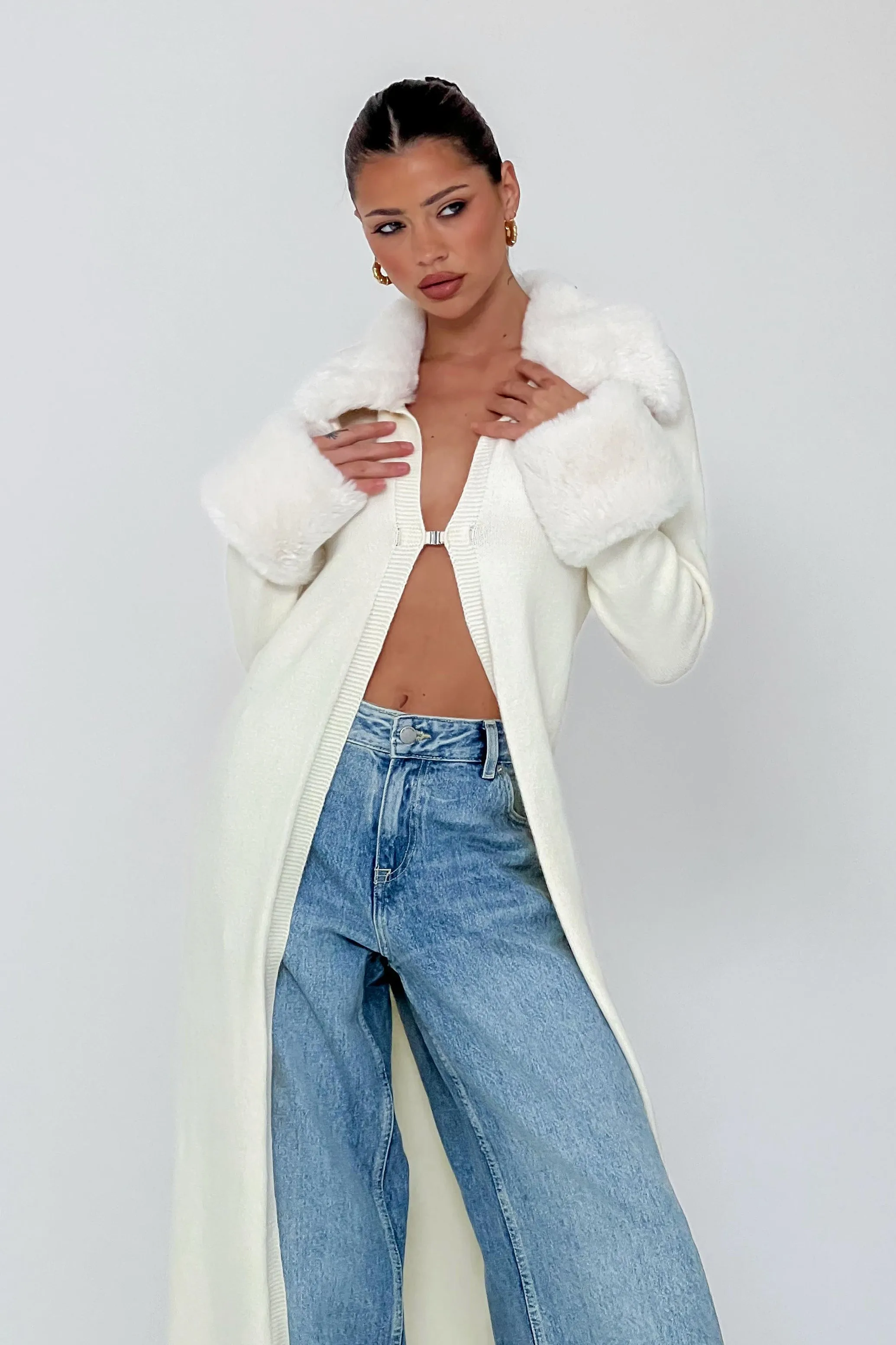 Snowflakes Fur Trim Longline Cardigan Coat Ivory