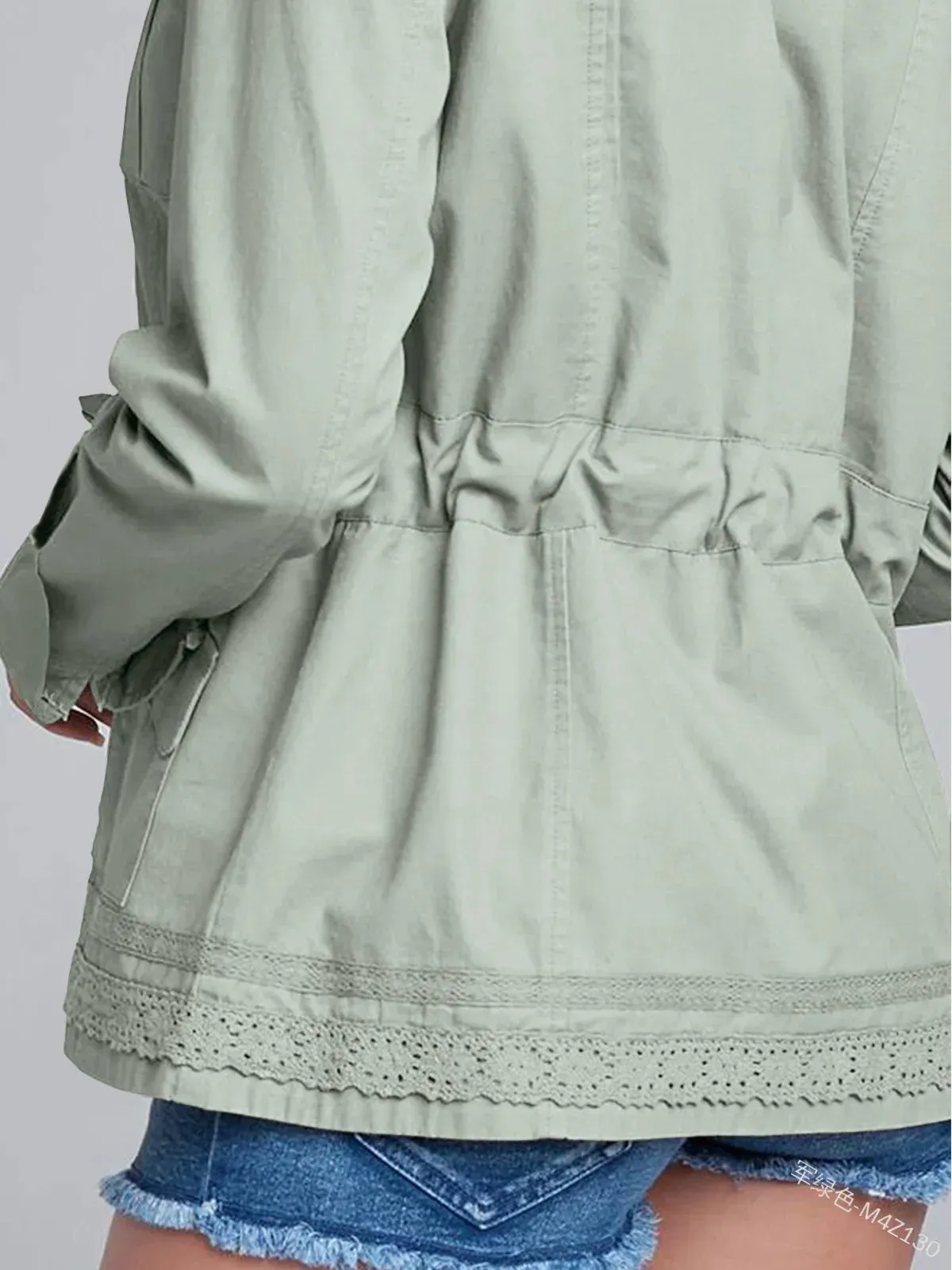 Solid Lace Top Pocket Button Drawstring Long Sleeve Women Autumn Winter Coat