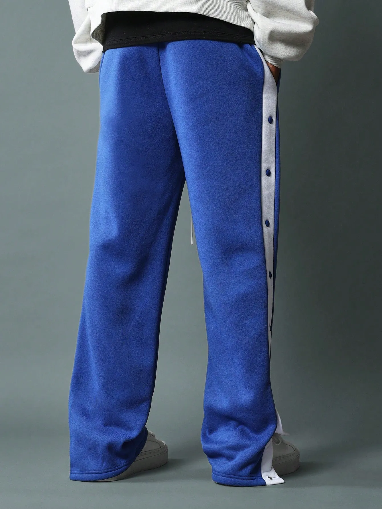 Straight Fit Drop Crotch Sweatpants With Contras Colour Side Panel, Snap Button & Graphic Print