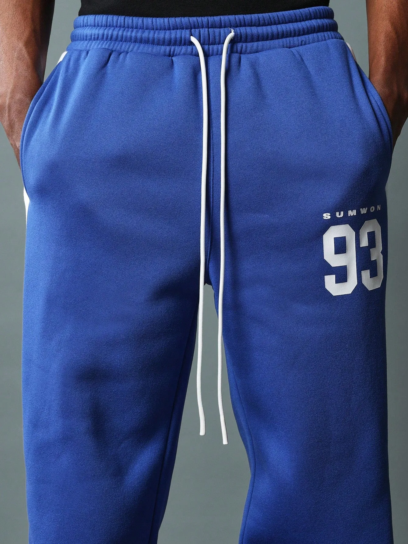 Straight Fit Drop Crotch Sweatpants With Contras Colour Side Panel, Snap Button & Graphic Print