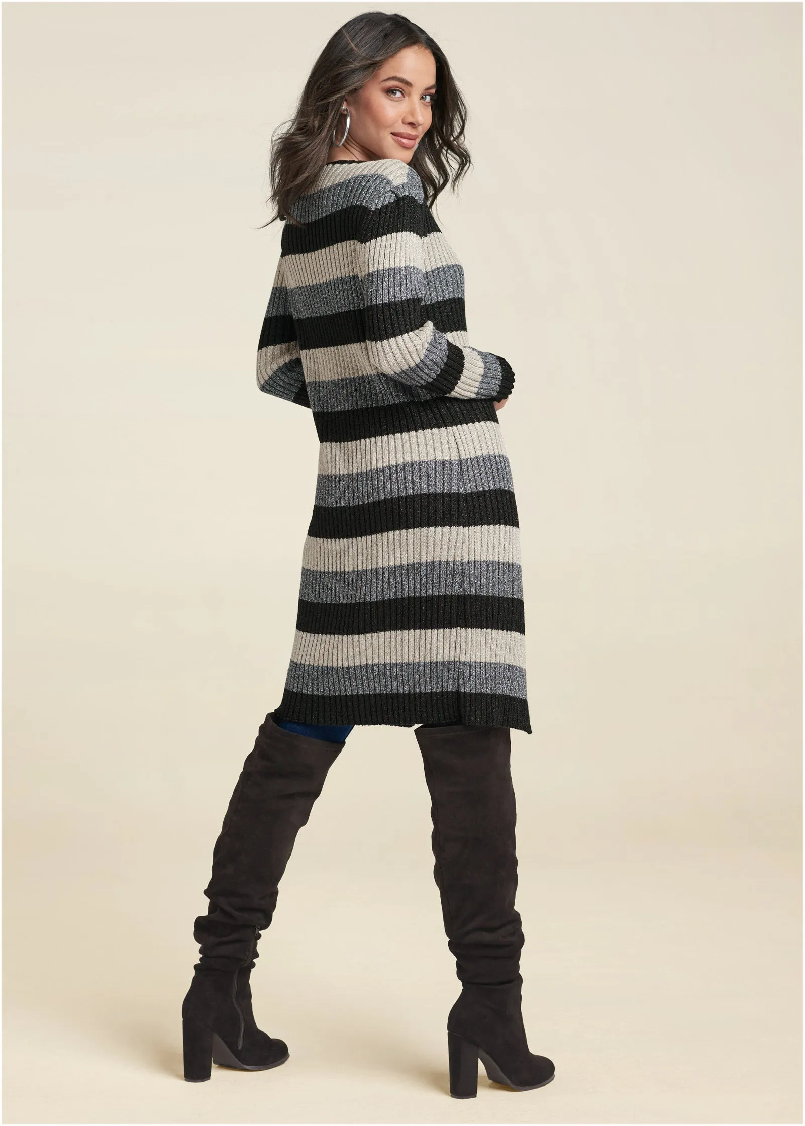 Striped Ribbed Cardigan - Black Multi