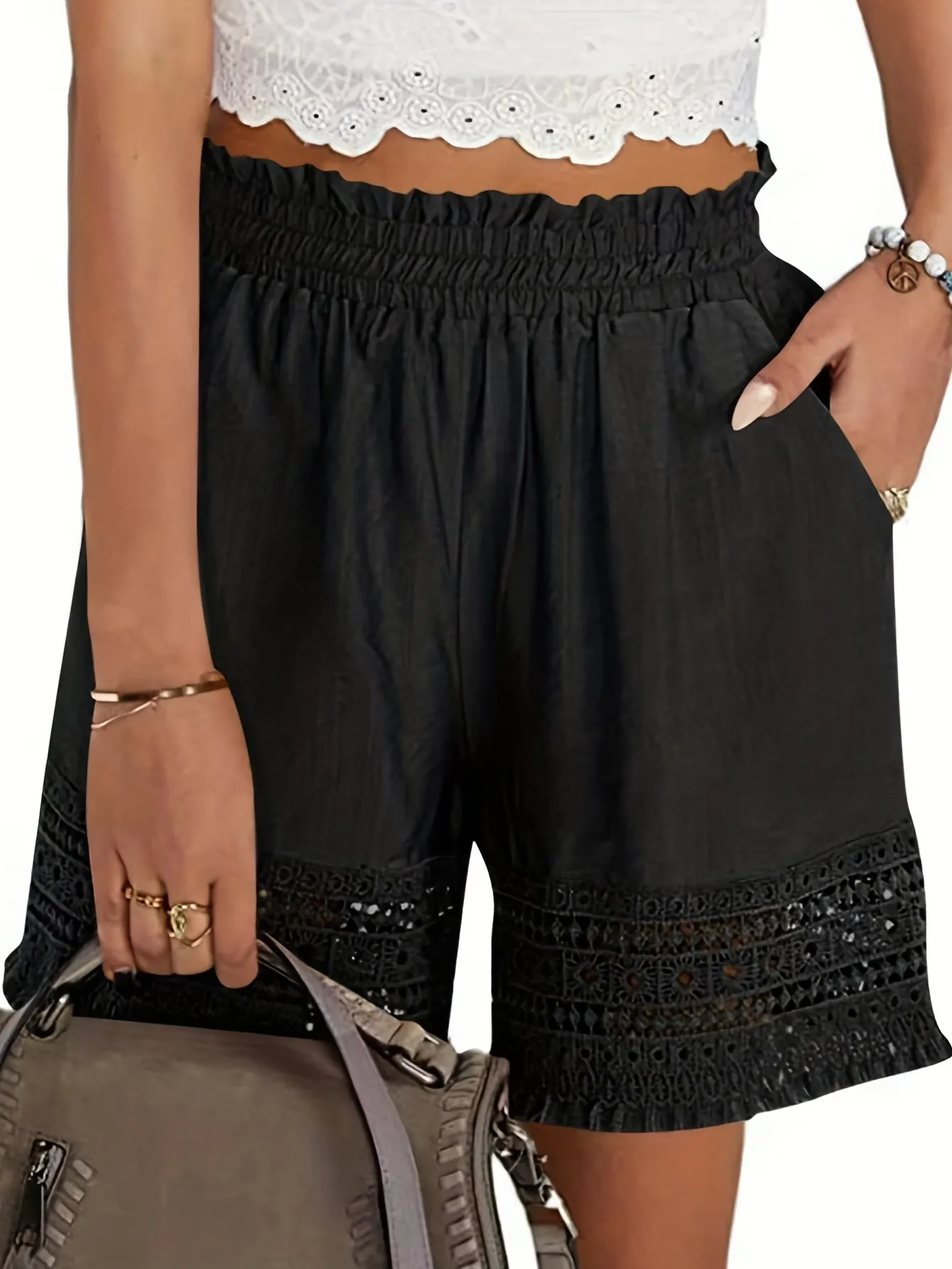 Stylish Lace Trim Shorts with Paper Bag Waist Perfect for Summer