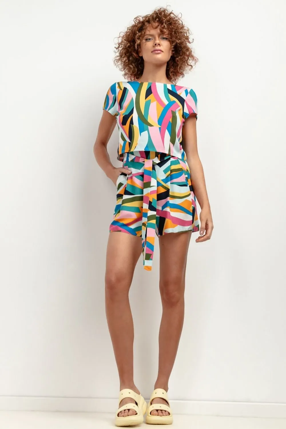 TEEK - Printed Shift Belted Pocketed Shorts