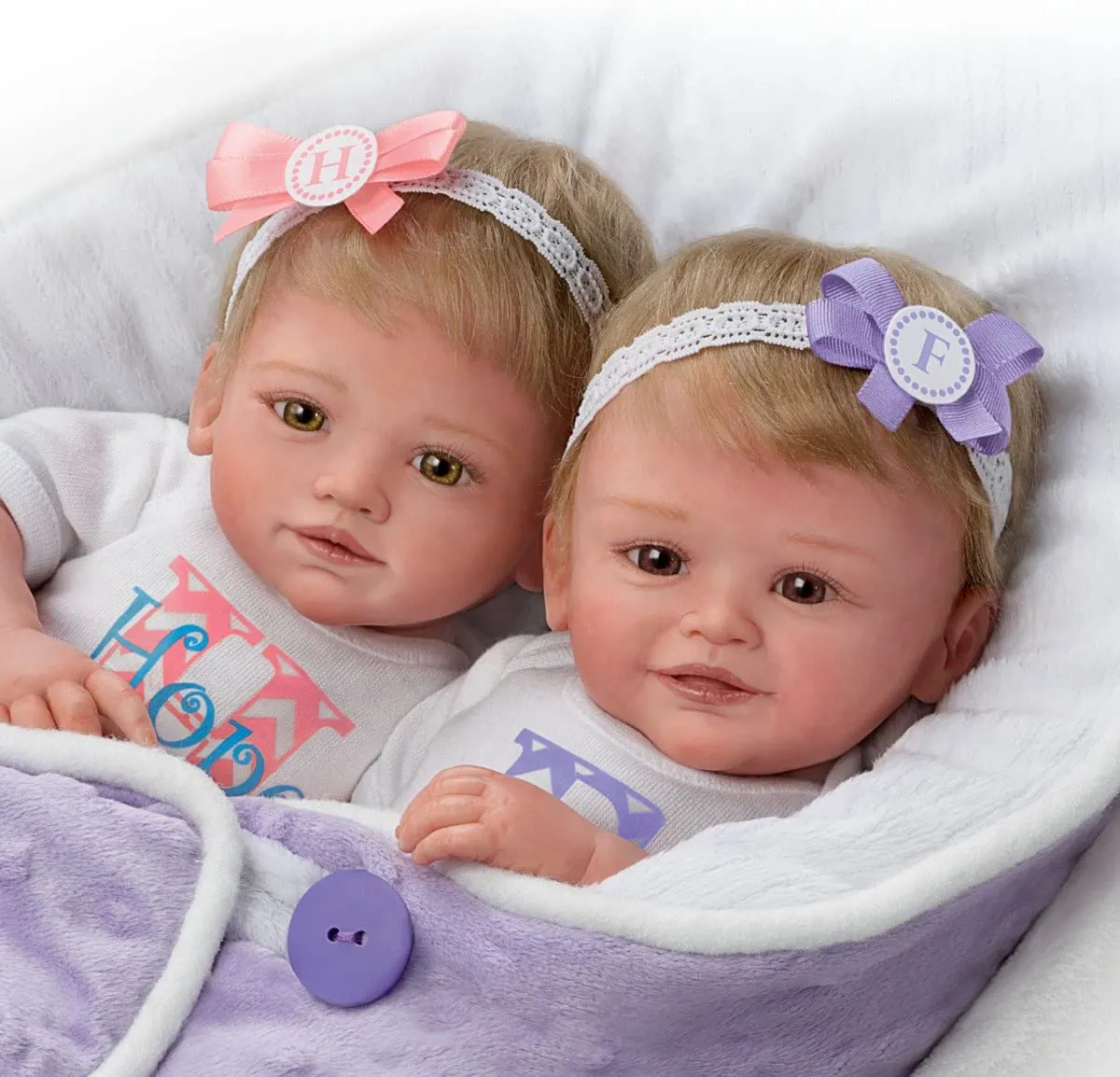 The Ashton - Drake Galleries Lifelike Poseable Twins "Hope and Faith" Baby Dolls Set with Purple Baby Bunting by Mayra Garza 14-inches