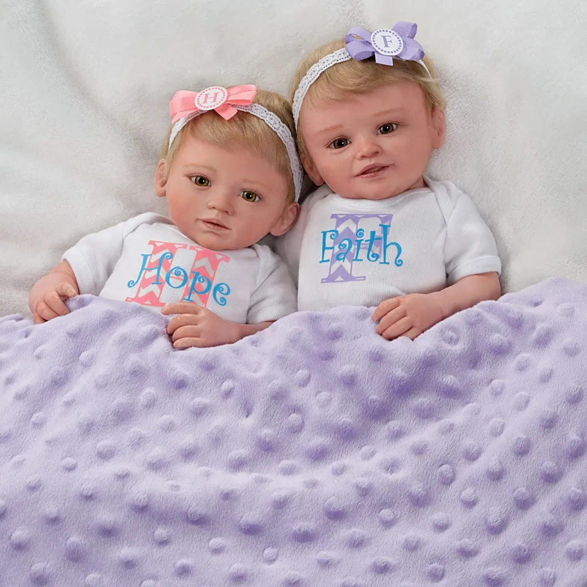 The Ashton - Drake Galleries Lifelike Poseable Twins "Hope and Faith" Baby Dolls Set with Purple Baby Bunting by Mayra Garza 14-inches