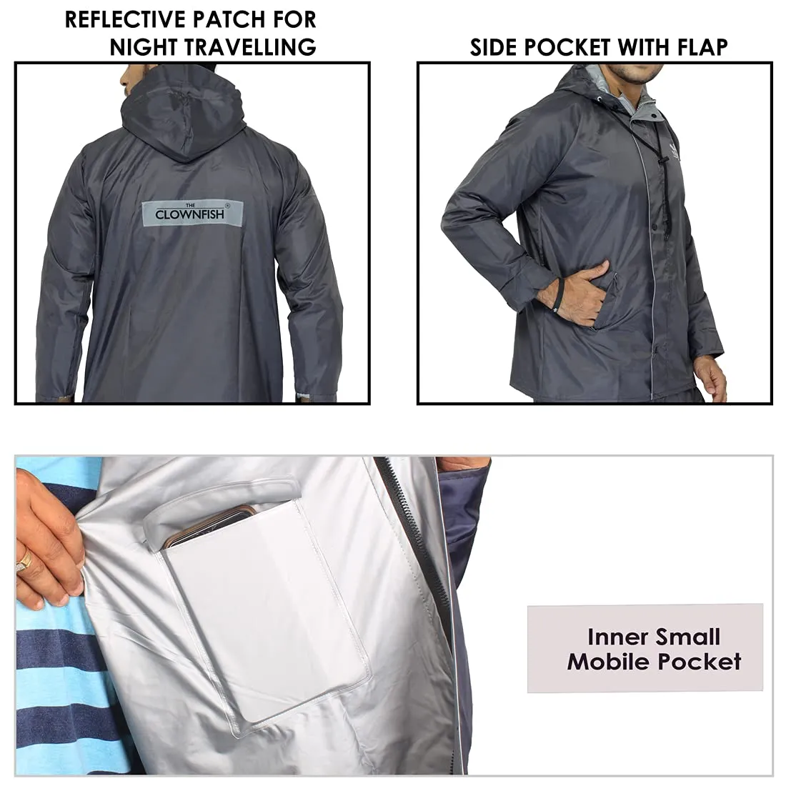 THE CLOWNFISH Rain Coat for Men Reversible Waterproof for Bike Double Layer with Hood and Reflector logo at Back for Night Travelling Prime Series (Prime Grey, 2x_l)