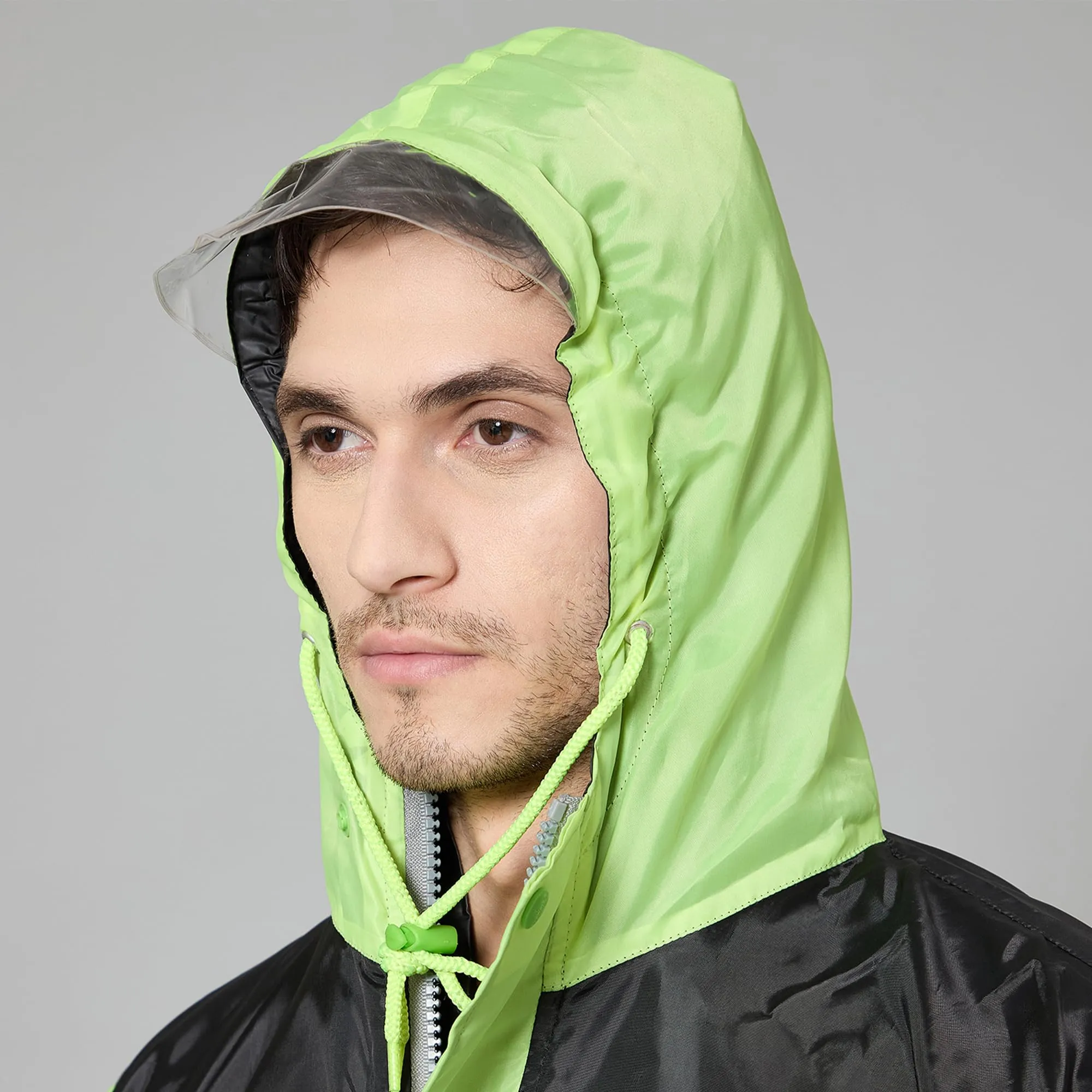 THE CLOWNFISH Raincoats for Men Waterproof Reversible for Bike Double Layer with Hood Rain Coat for Men. Set of Top and Bottom. Color Block Series (Black/Neon, XL)