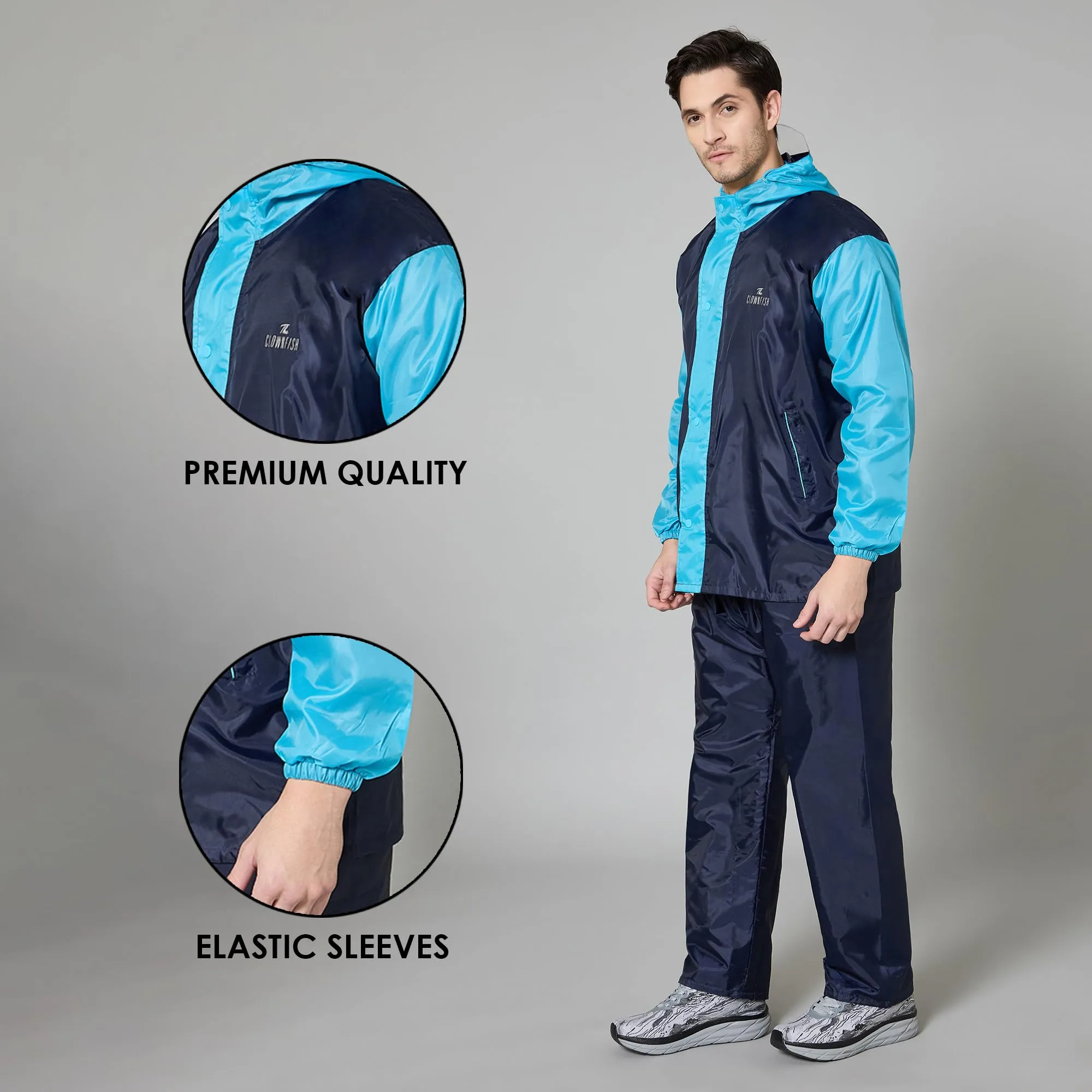 THE CLOWNFISH Raincoats for Men Waterproof Reversible for Bike Double Layer with Hood Rain Coat for Men. Set of Top and Bottom. Color Block Series (Dark Blue/Light Blue, L)