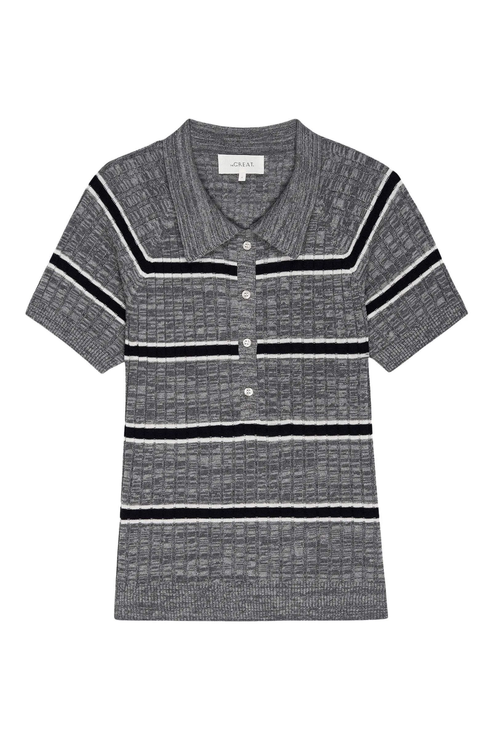 The Great Classic Polo Sweater in Heather Grey Stripe