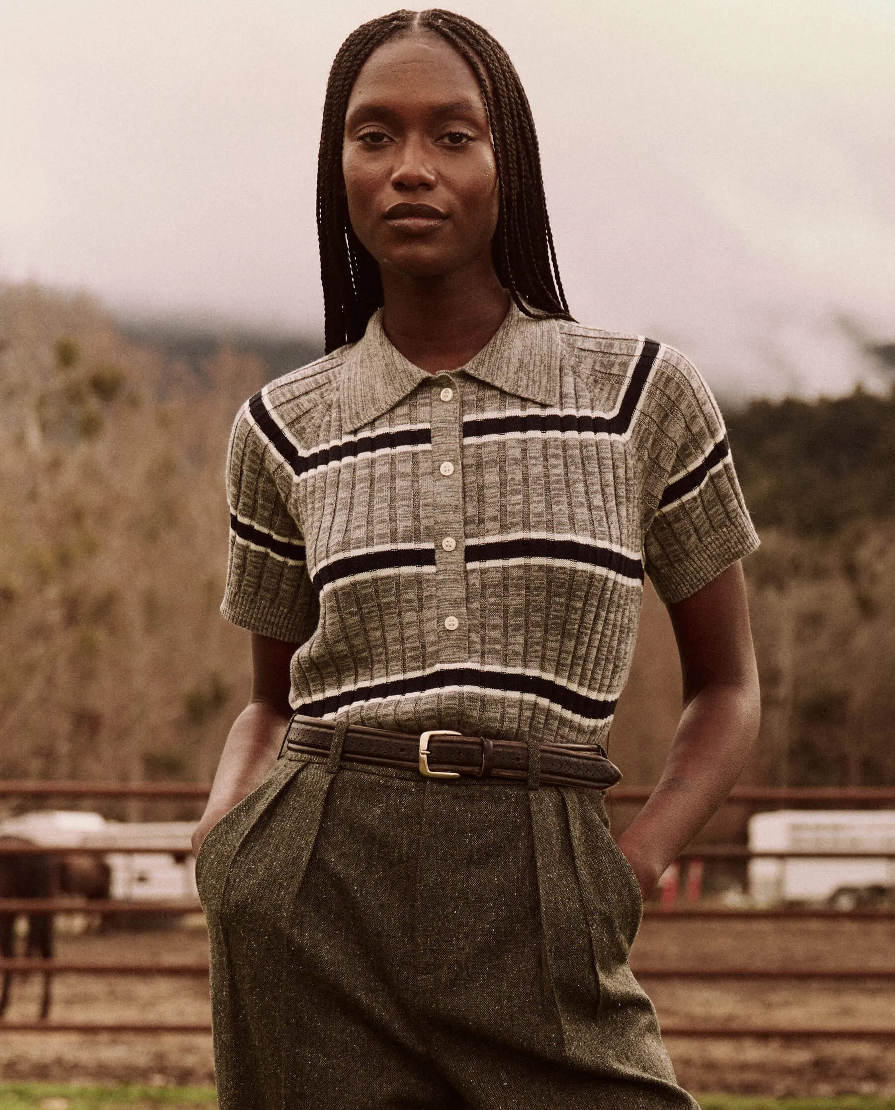 The Great Classic Polo Sweater in Heather Grey Stripe