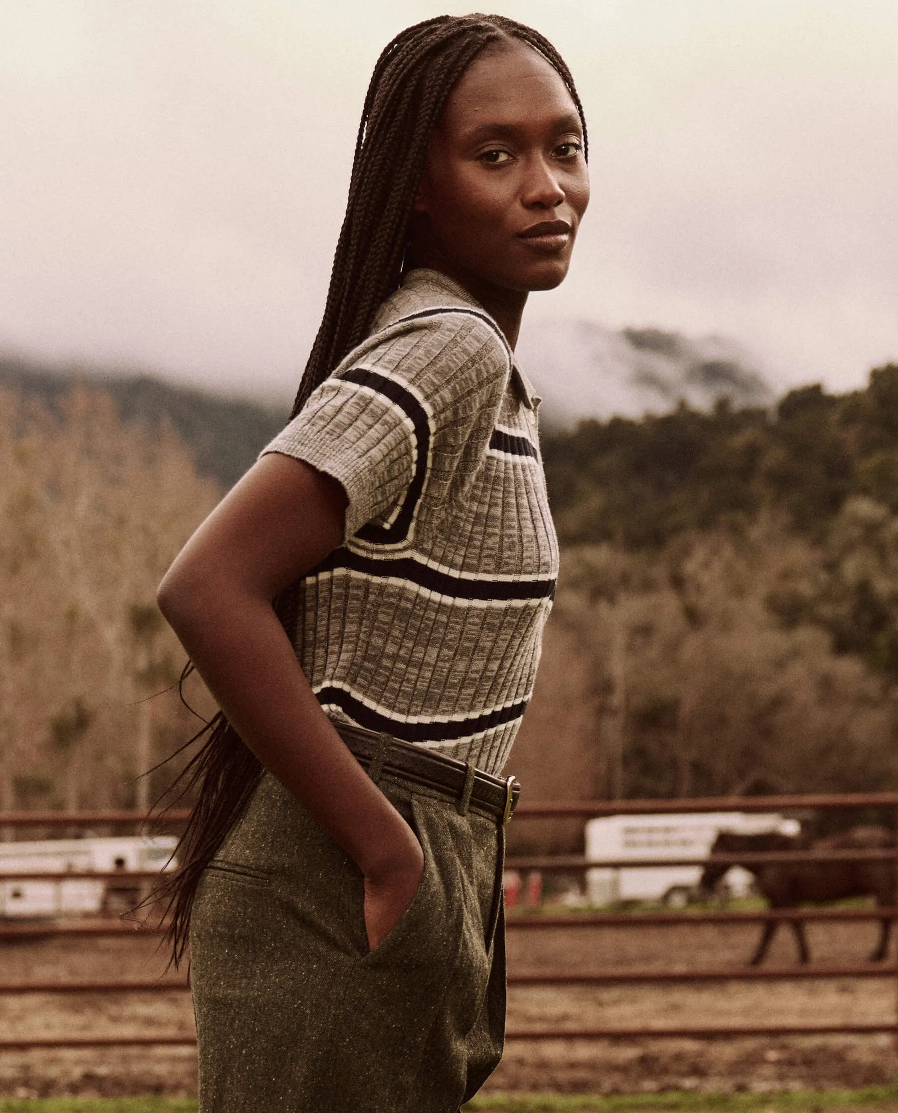 The Great Classic Polo Sweater in Heather Grey Stripe