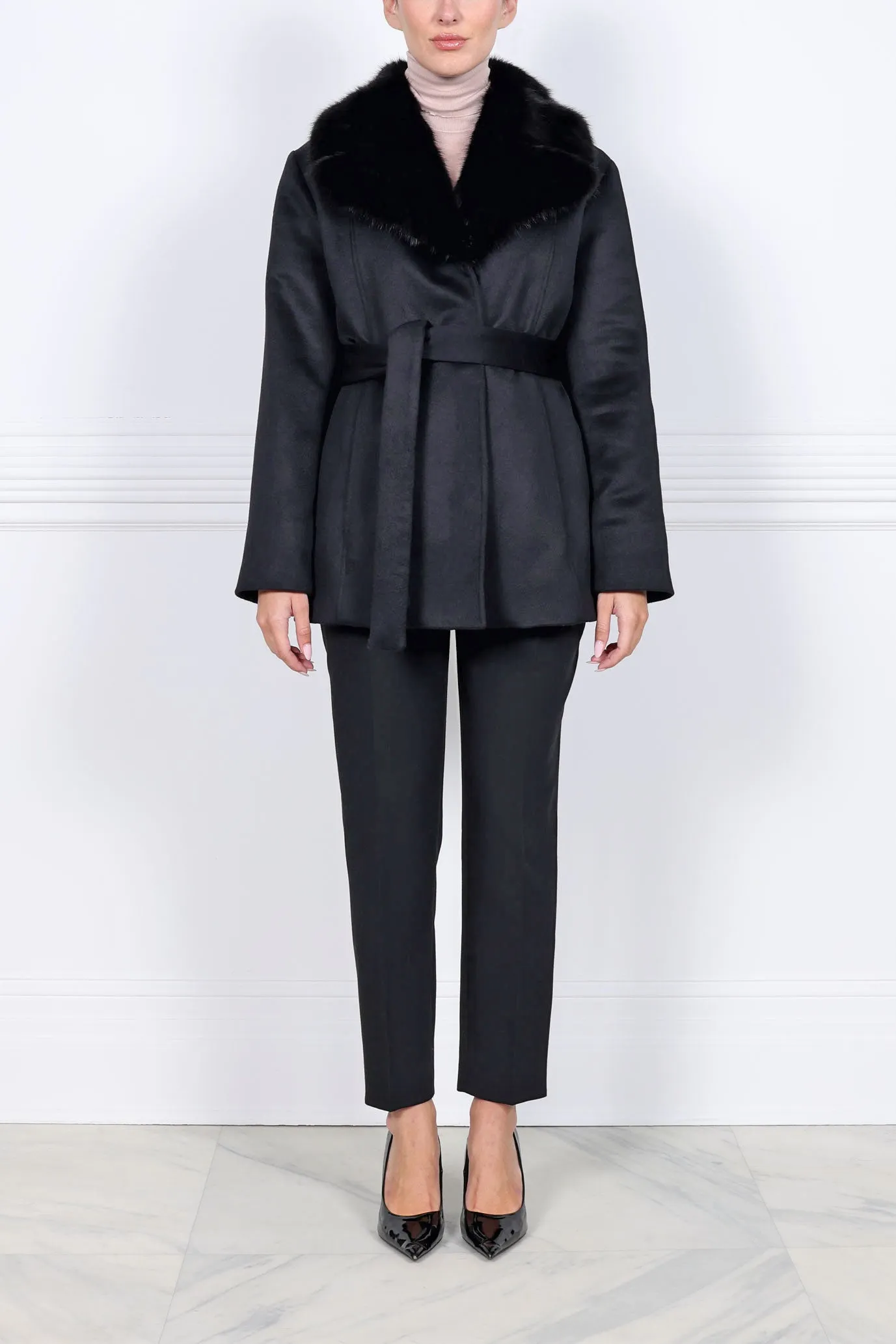 The Hailey Mink Lined Cashmere Belted Coat with Sable Collar