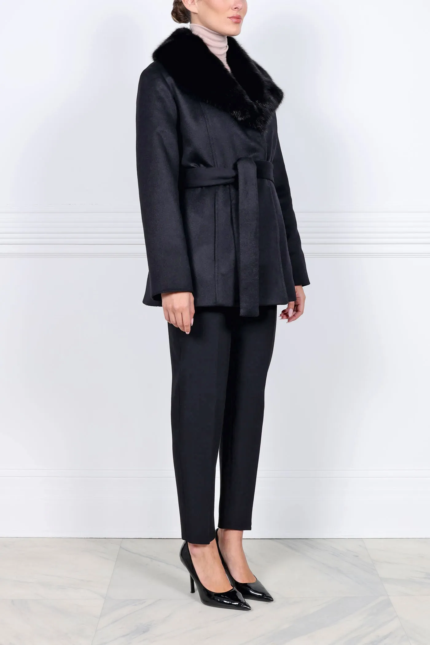 The Hailey Mink Lined Cashmere Belted Coat with Sable Collar