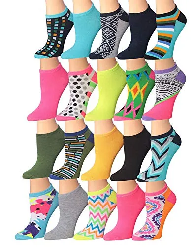 Tipi Toe Women's 20 Pairs Colorful Patterned Low Cut/No Show Socks