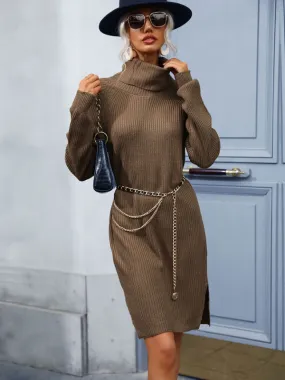 Toleet-Winter outfits Women's high neck open mid-length knitted sweater dress (without belt)