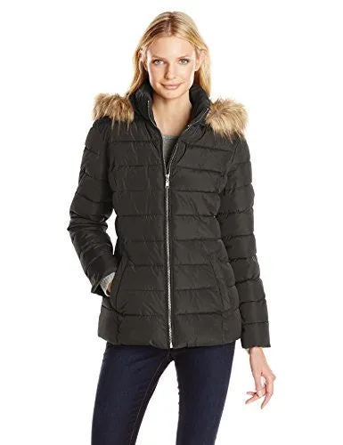 Tommy Hilfiger Women's Down Alternative Coat with Faux Fur Trim Hood, Black, Medium