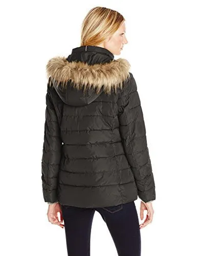 Tommy Hilfiger Women's Down Alternative Coat with Faux Fur Trim Hood, Black, Medium