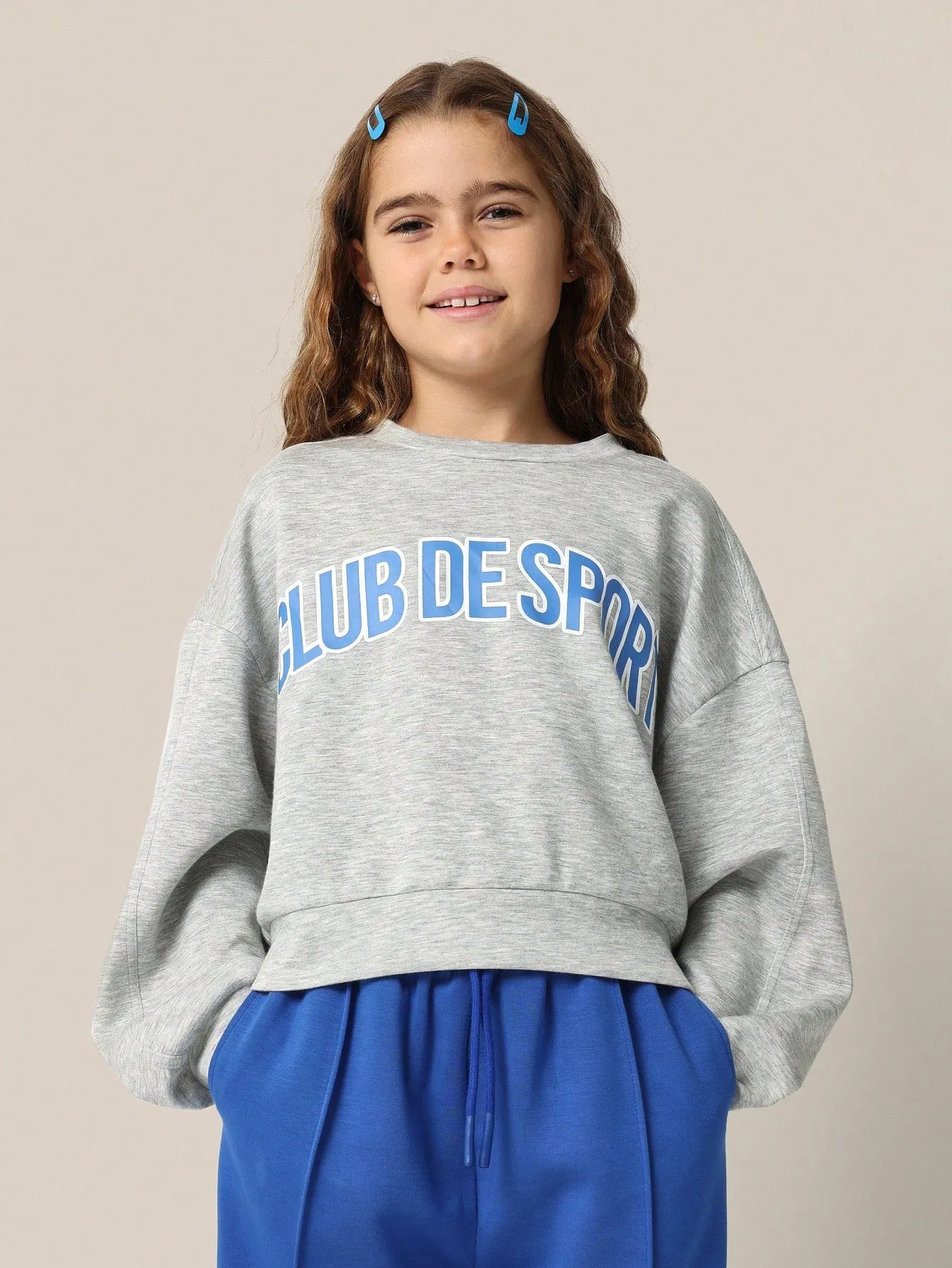 Tween Girls Club De Sport Sweatshirt And Contrast Colour Wide Leg Sweatpants 2 Piece Set