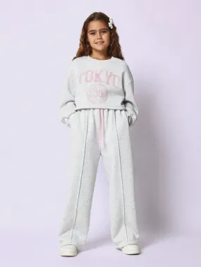 Tween Girls Comfy Boxy Crop Long Sleeve Sweatshirt With Distress Graphic Print And Wide Leg Pintucks Sweatpants 2 Piece Set