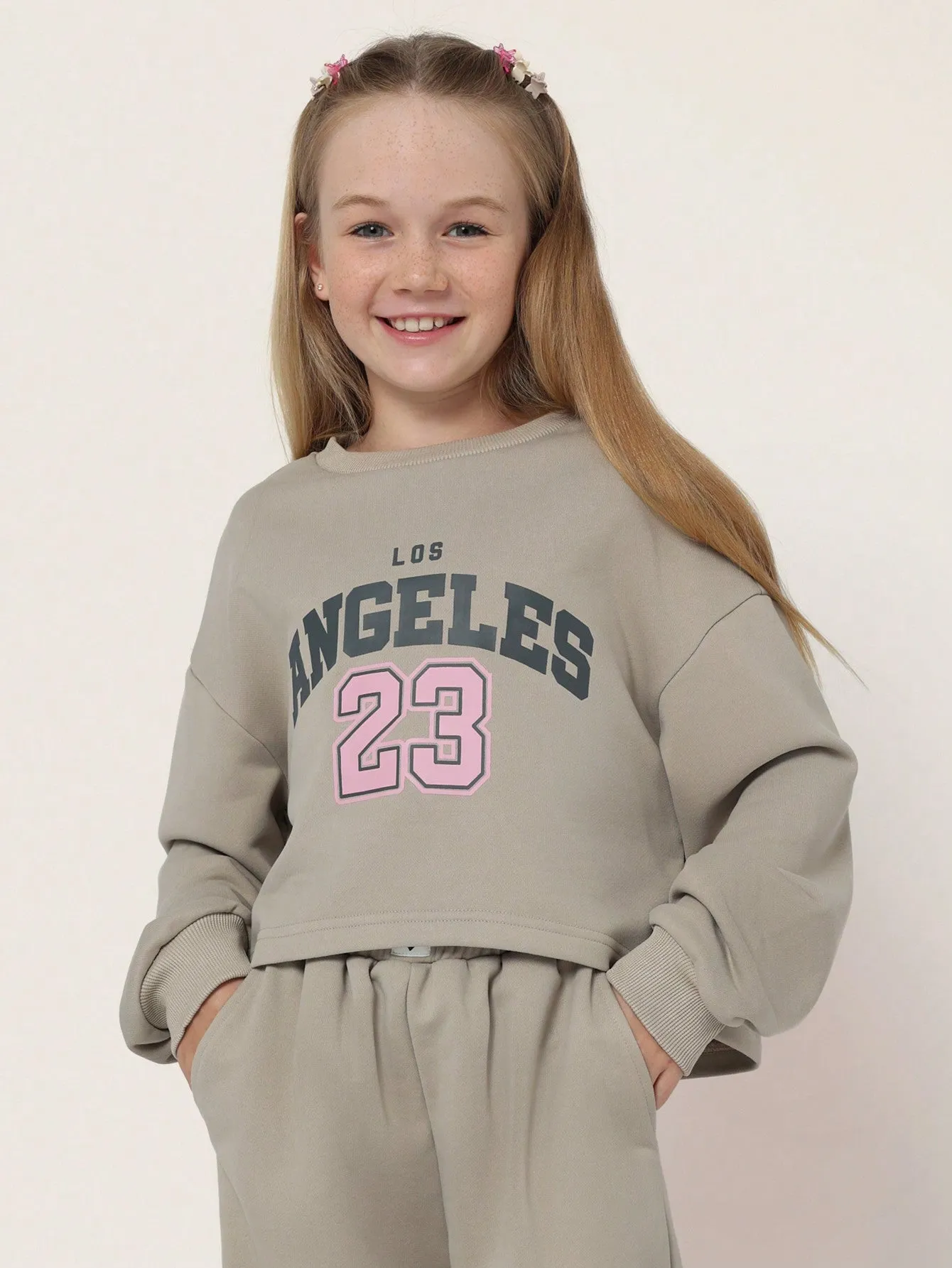 Tween Girls Comfy Crop Sweat With Graphic Print And Cargo Jogger 2 Piece Set