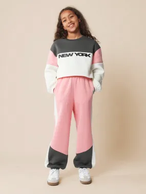 Tween Girls Comfy Cropped Colour Block New York Graphic Print Sweatshirt And Jogger 2 Piece Set